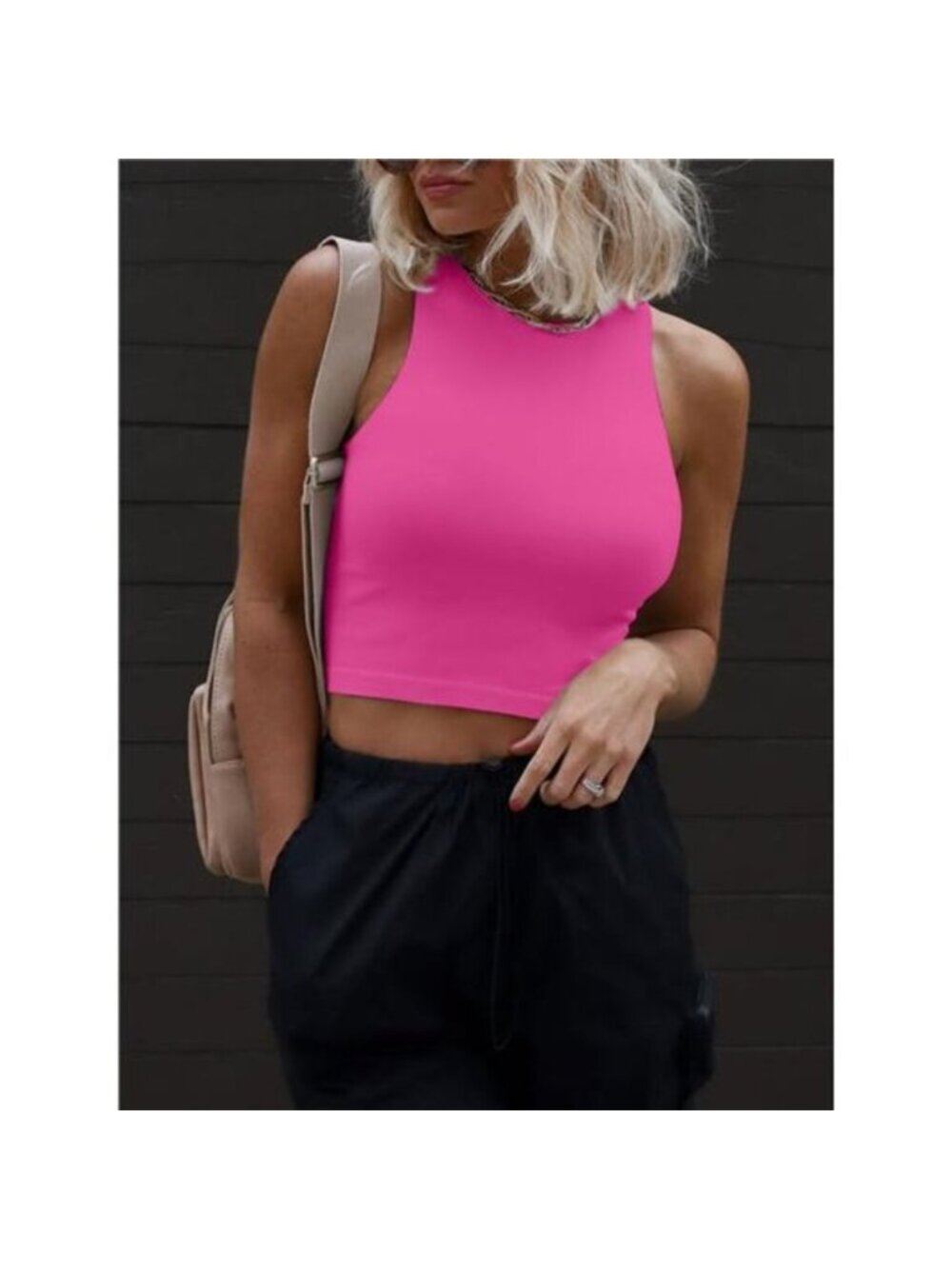 Womens Double Lined Crop Tank Tops Casual Basic Shirts Sleeveless Hot Pink - Picture 4 of 6